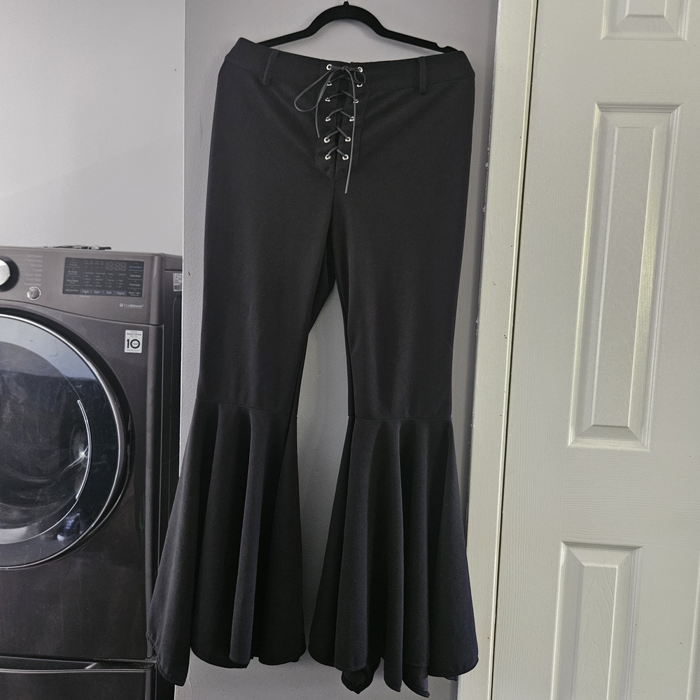Black Dress Pant Flares With Lace Up Details